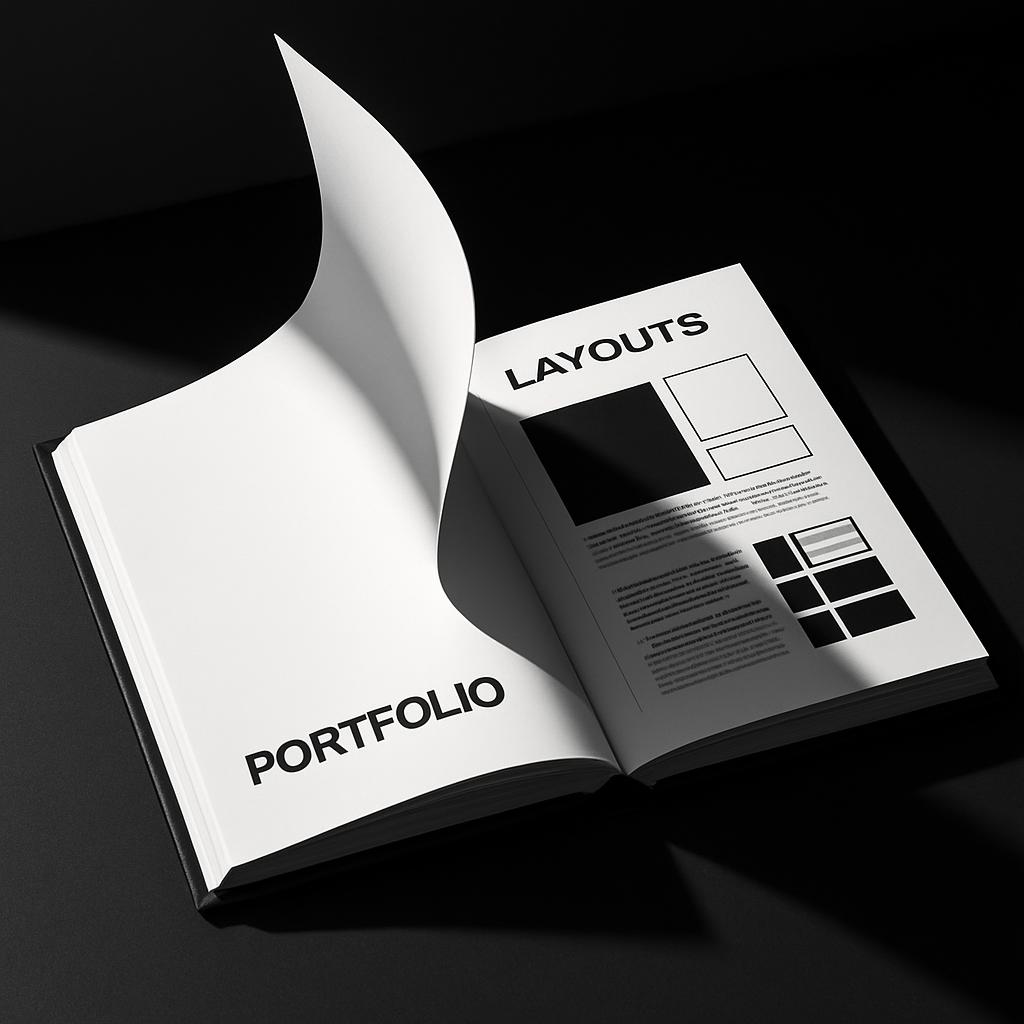A portfolio displayed in an open black and white book, against a black background. One page displays the text "Layouts," a...