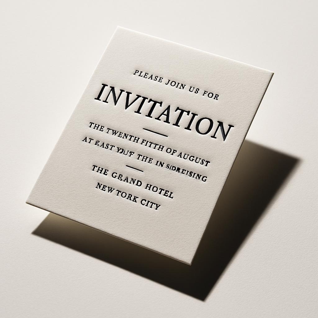 Beige invitation card with a rectangular shape positioned at a slant, casting a subtle shadow towards the bottom right cor...