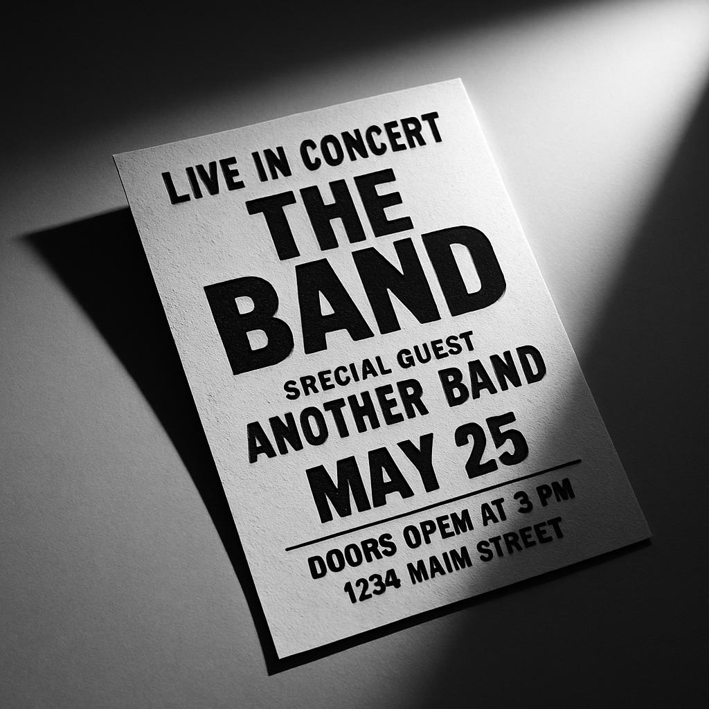 A black and white poster advertising a band's live performance at 1234 Main Street, featuring the band Another Band with s...